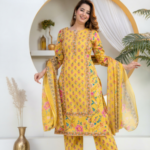 Conjunto Étnico de Algodón Amarillo para Mujer, Estampado Digital Tradicional, Secado Rápido, Largo hasta la Rodilla, Corte Regular, Ropa Casual para Múltiples Ocasiones - Product Image 1