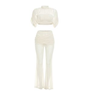 Conjunto Casual para Mujer Viviblook J26ST228, Top Corto de Malla Transparente de Color Sólido y Pantalones Acampanados, Conjunto de Dos Piezas para Damas - Product Image 5