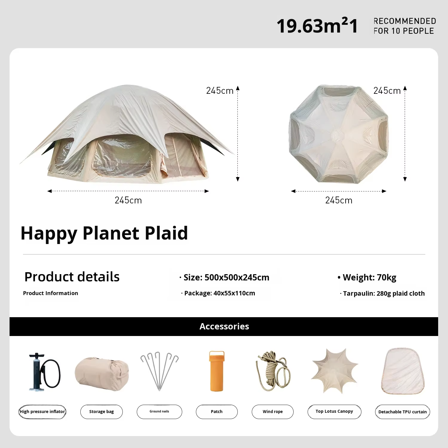 5m diameter inflatable tent 280g plaid with lotus canopy