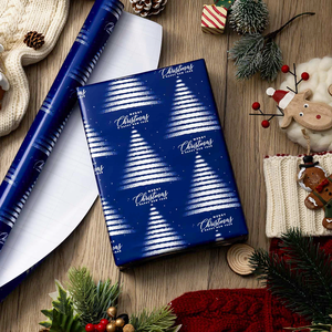 Merry Christmas Blue Metallized Gift <b>Wrap</b> <b>Paper</b> <b>Roll</b> 80GSM Double Side Eco-Friendly Offset Printing Compatible - Product Image 2