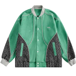 Haut de gamme personnalisé OEM Vintage Streetwear tissé daim tissu Patchwork menthe Varsity veste hommes de haute qualité