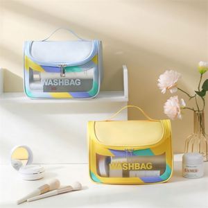 Nouvelle trousse de maquillage colorée de haute qualité, poignée en PVC, étanche, trousse de toilette, sac de voyage avec crochet suspendu, trousse à cosmétiques pour femmes - Product Image 1