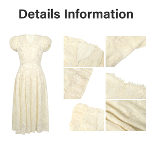 ZYHT 21775 New Season Women's Elegant Apricot Lace <strong>Midi</strong> <strong>Dress</strong> with Flattering V Neck Puff Sleeves for Daily Wear - Product Image 3