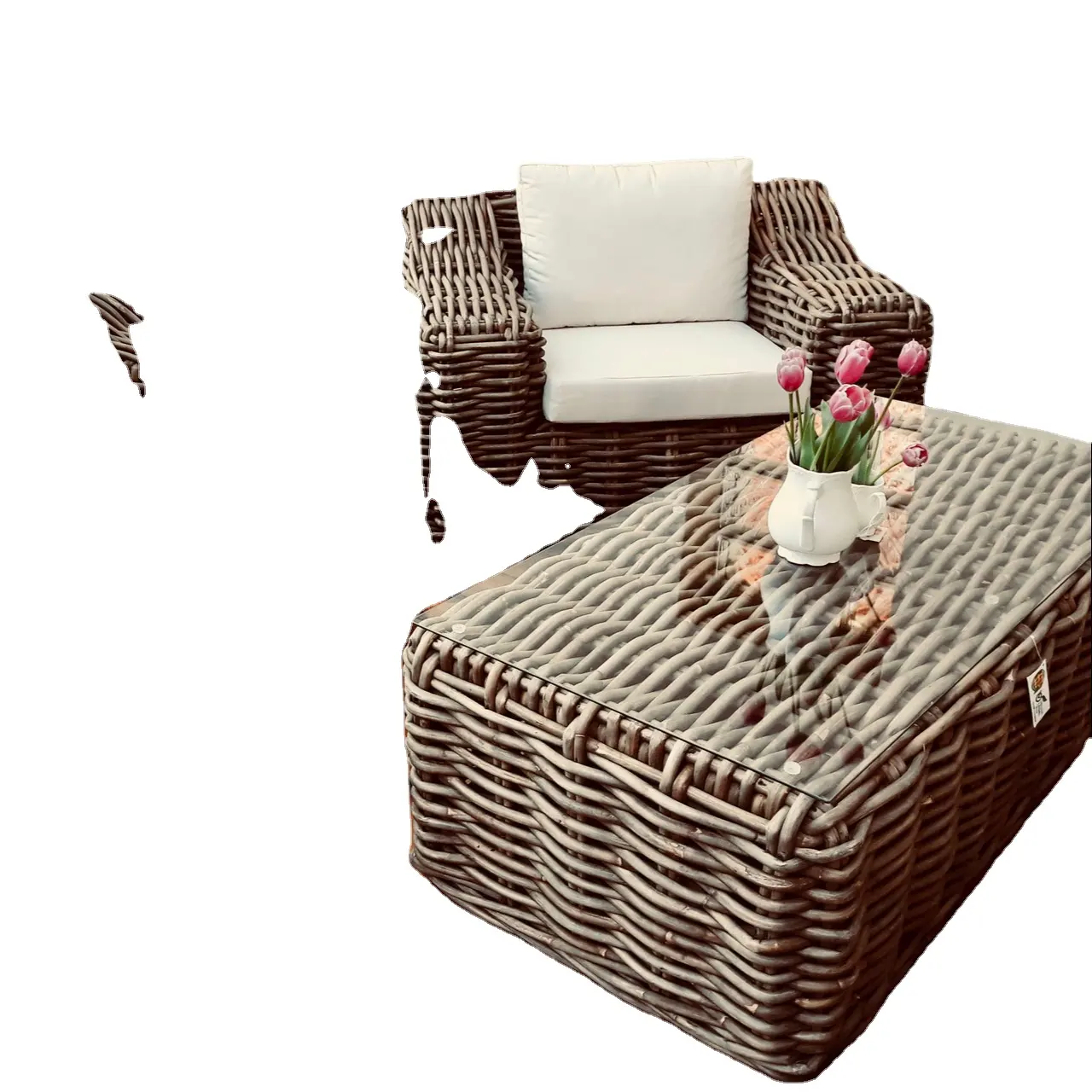 Outdoor rattan garden sofa round shape weave handicraft sofa 2 seater with sponge cushion comfortable
