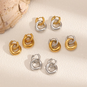 Pendientes geométricos de doble aro de acero inoxidable para mujer, color dorado y plateado, para uso diario - Product Image 1