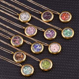 Mode couleur Tourmaline 25mm or rond en acier inoxydable pierre concassée boîte pendentif collier bijoux breloque collier personnalisé - Product Image 4