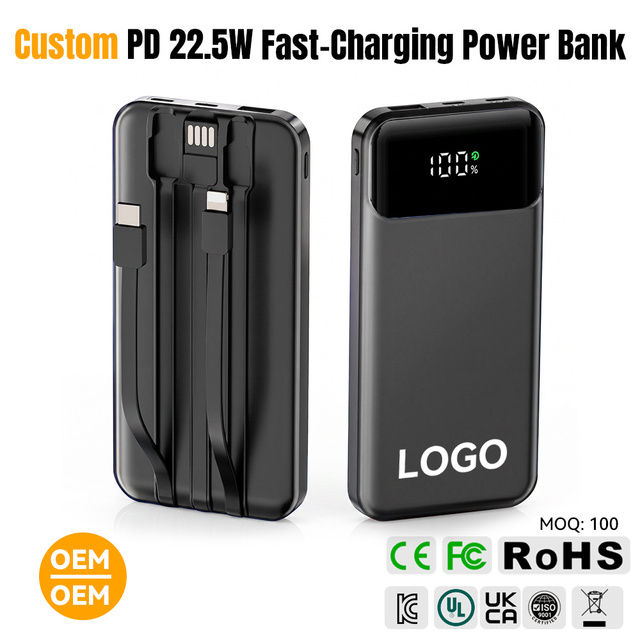 Slim 3-in-1 Built-in Cable 22.5W Portable Power Station Battery with LED Display Fast Charging 10000mAh Li-Polymer Power Bank