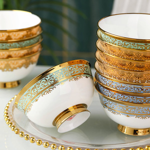 Vaisselle de luxe pour hôtel, bol en porcelaine personnalisé, 4,5 pouces, bord doré, céramique vernissée, bols à riz pour le service - Product Image 3