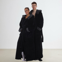 Peignoir de luxe épais en flanelle à capuche pour couple, noir, avec col en sherpa contrastant, long et surdimensionné, doux, pour hôtel, maison, spa, douche