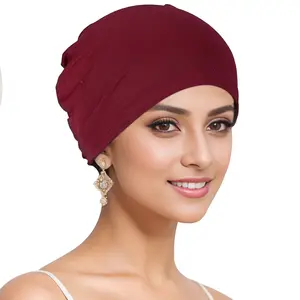 HZM-24128 여성 면 보닛 터번 모자 아래 내부 히잡 모자 무슬림 주름진 언더스카프 히잡 모자