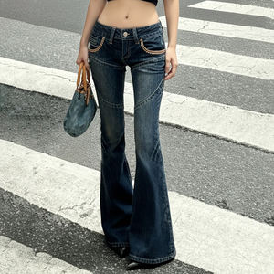 Jean Y2K Streetwear Vintage Taille Basse en Denim, Coupe Droite, Ourlet Fendu, Jambe Évasée, Lavable, Respirant, Effet Usé - Product Image 1