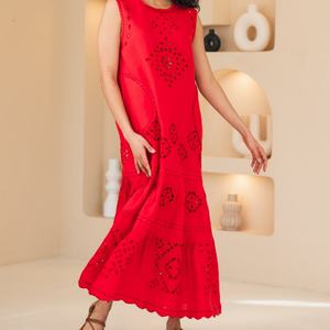 Vestido de Lino y Algodón a la Moda, Cuello Redondo, Casual, Sin Mangas, Bordado, Midi, Vestido de Verano para Mujer - Product Image 2