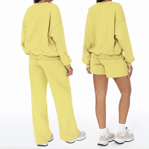 Ensemble de survêtement unisexe en maille respirante pour femme, comprenant un sweat-shirt à col ras du cou et épaules tombantes, un pantalon et un short, coupe oversize - Product Image 2