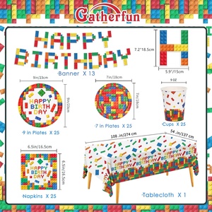 GATHERFUN Décorations de fête d'anniversaire en blocs de construction, assiettes en papier, serviettes, gobelets, nappes, bannière, ensemble imprimé en quadrichromie 4 couleurs - Product Image 4
