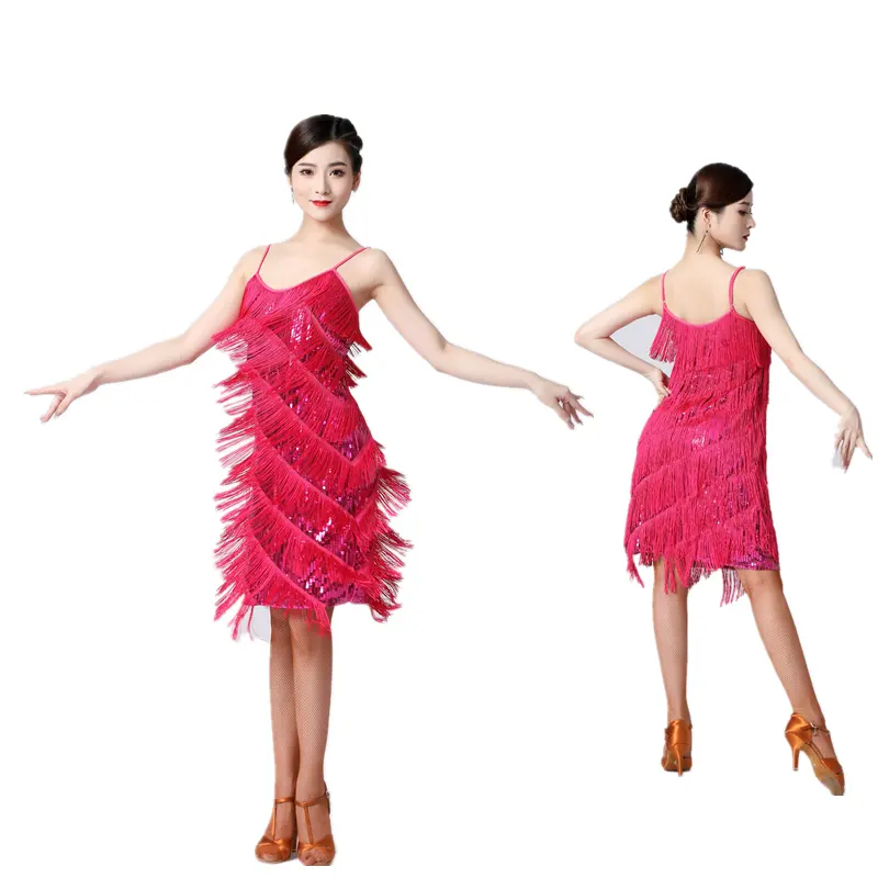 ドレスなしのダンス女性ラテンドレスダンスウェアスパンコールタッセルステージパフォーマンスコスチュームセクシーストラップスパゲッティドレス