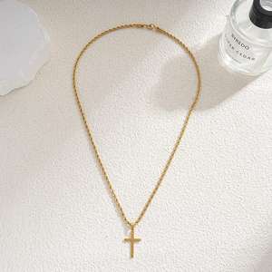 <b>Men's</b> Stainless Steel Golden Plated Cross <b>Pendant</b>, Fashionable Simple Rope <b>Chain</b> Necklace for <b>Men</b> Gift - Product Image 4