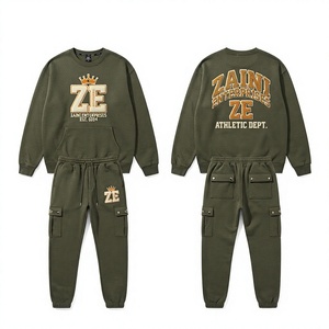 <b>Men</b> Premium 320 GSM Cotton Fleece Sweatsuit Olive <b>Green</b> Crewneck Sweatshirt Cargo Jogger Set Custom Chenille Embroidered Logo - Product Image 1