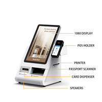 Kiosco de autoservicio para hoteles con dispensador de tarjetas de habitación, lector de códigos de barras y lector de pasaportes, con SDK para pagos en escritorio.