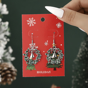 Cross-border Europe and the United States Christmas wreath <b>earrings</b> green diamond <b>earrings</b> rhinestone bell ear <b>hook</b> bow - Product Image 1