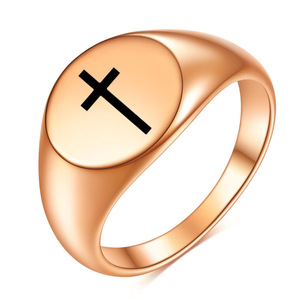 Anillo de acero inoxidable redondo de 12mm con cruz grabada con láser retro para mujer, joyería de uso diario, color dorado - Product Image 4