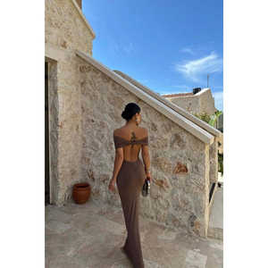 Vestido de Fiesta Vintage Brunella con Cuello Alto y Detalle de Cuentas en la Espalda, Tallas XS-XL, Cintura Natural, Maxi Vestido de Playa de Algodón Tejido con Estampado Veraniego - Product Image 1