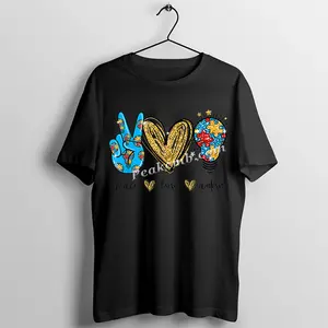 Camiseta de algodón 95% para mujer, camiseta con diseño de impresión "paz, amor, autismo", estampado de transferencia, informal, transpirable