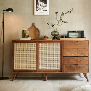 Credenza Moderna e Semplice in Legno di Frassino Massiccio e Rattan, Multifunzionale per Soggiorno, con <span class=keywords><strong>Doppia</strong></span> Porta e Cassettiera Integrata - Product Image 2