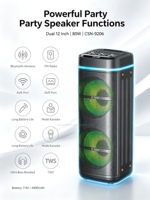 Enceinte portable double 12 pouces en plastique CSN-9206 avec LED RGB sans fil 5.2, alimentée par batterie, pour fêtes en extérieur, son stéréo et basses puissantes