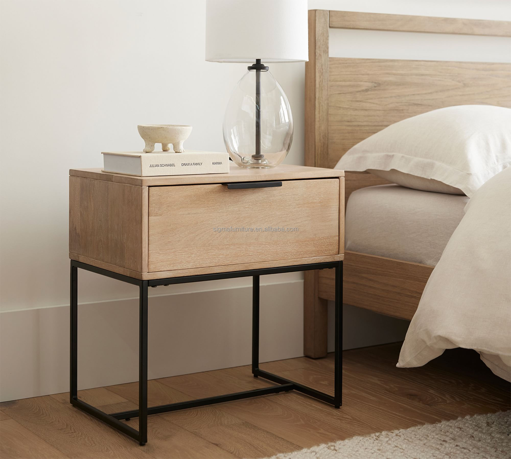 Hot sale modern wood nightstand with metal leg simple style nordic farmhouse customize