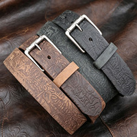 Ceinture en cuir pleine fleur gaufré motif cerf et forêt, style vintage, pour homme, en cuir véritable, idéale pour le western, la chasse et les jeans rétro