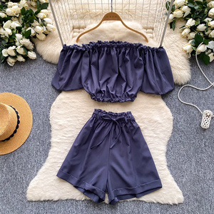 Conjunto Casual de Verano de 2 Piezas para Mujer, Top con Mangas Abullonadas y Pantalones Cortos Ajustados, <span class=keywords><strong>Ropa</strong></span> al por Mayor - Product Image 3