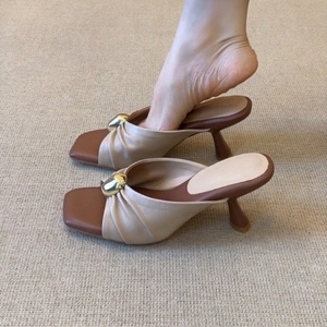 Summer PU leather French Fairy Style Elegant Gentle Fine Heel Women's Metal Buckle Pleated Open-<b>Toe</b> Slide Sandals - Product Image 1