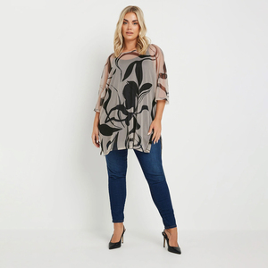 Top estivo da <span class=keywords><strong>donna</strong></span> oversize <span class=keywords><strong>marrone</strong></span> stampato in rete a maniche corte, tunica floreale girocollo con spacchi, vestibilità ampia - Product Image 3