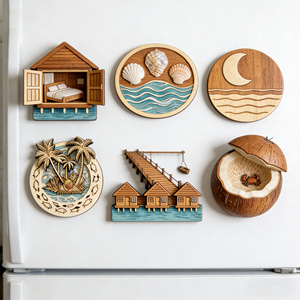 Magnete per Frigorifero Personalizzato con Vista Spiaggia delle Maldive e Palma Intagliata in Legno, <span class=keywords><strong>Souvenir</strong></span> con Logo Personalizzabile - Product Image 1