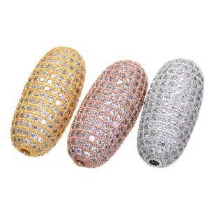Charme ovale CZ Micro Pave, perles d'espace de boule, perles de football en zircone cubique pavé