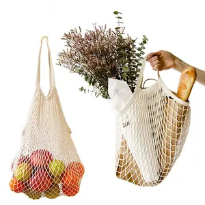 Bolsas de malla de algodon reutilizables con asa Produce bolas comestibles almacenamiento de frutas bolsa de cadena de