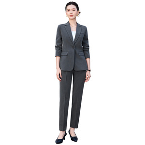 Women's Suit Set Gray Wool Blend Three Quarter Sleeve Anti-Wrinkle Office Lady Work Uniform Commuting Formal Wear - Product Image 5