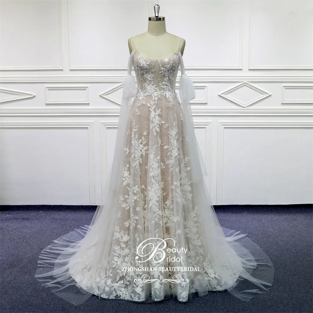 Robes d'invités de mariage élégantes A-ligne robe perlée en dentelle boho personnalisée avec traîne amovible vestidos de novia pour la mariée