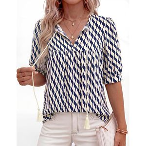 Chemisier d'été bohème pour femme, en mousseline respirante, à nouer devant, col en V, imprimé, coupe ample, manches courtes, style paysanne, tenue de vacances - Product Image 5