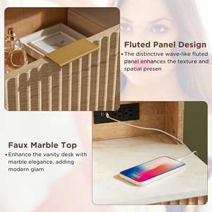 Combohome Escritorio de tocador de maquillaje estriado de 48 "con espejo grande de 36" y luces, mesa de tocador grande con tapa de vidrio moderna con 5 cajones - Product Image 6
