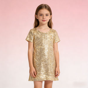 Robe de soirée élégante personnalisée pour adolescentes, en sequins dorés, une pièce, pour filles de 13 <span class=keywords><strong>ans</strong></span>, <span class=keywords><strong>vêtements</strong></span> d'été à manches courtes pour enfants - Product Image 1