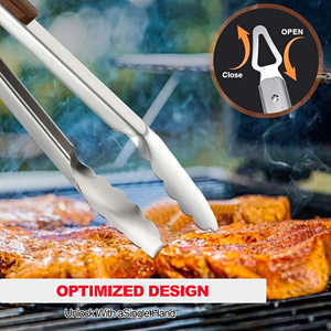Ustensile de barbecue d'extérieur 3 pièces Spatule Fourchette Pince Accessoires de grillade à usage intensif Manche en bois Ensemble d'outils de barbecue en acier inoxydable - Product Image 4
