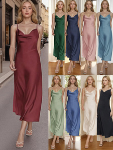 Europe Amérique pour <span class=keywords><strong>Amazon</strong></span> Nouvelle jupe en satin d'acide acétique pour femmes transfrontalières Robe longue sexy à bretelles françaises avec motif solide - Product Image 2