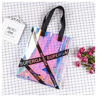 Sac fourre-tout cosmétique pour femme en PVC brillant holographique résistant à l'eau, brodé, à ouverture à ressort, pressé à chaud haute fréquence