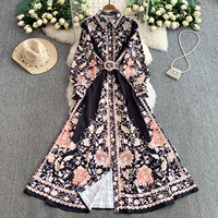Robe élégante pour femmes, imprimé floral bleu, manches longues, col chemise, coupe évasée, décontractée, avec ceinture, pour tous les jours, robes pour femmes, élégante