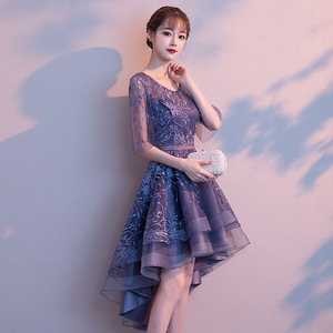Evening Gown Women A-Line Scoop Neck Asymmetric Lace Dress Purple Pink Black Burgundy Natural Waistline Short Formal Party Dress - Product Image 2