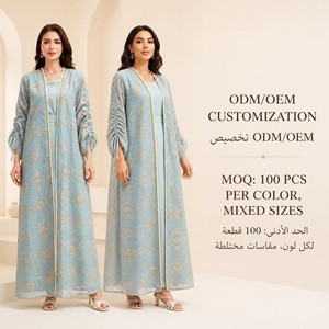Ensemble Abaya Ouvert Deux Pièces en Polyester avec Broderie Exquise et Manches à Nouer, Tenue Longue pour <span class=keywords><strong>l</strong></span>'Aïd et les Mariages (ODM) - Product Image 1
