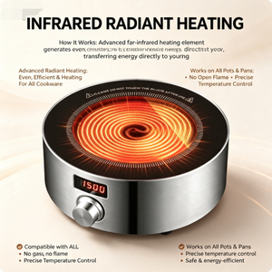 <span class=keywords><strong>Cocina</strong></span> Infrarroja Redonda AMOR Mini, Control por Perilla, 1200W Reales, Acero Inoxidable, Portátil, con Temporizador y Pantalla Digital - Product Image 2