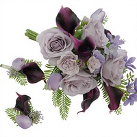 Set Buket Pengantin dan Bunga Bros Buatan Tangan dari Kain, Mawar, Calla Lily, Lavender Ungu, Bunga Pernikahan