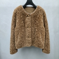Damen Woll-Teddy-Kurzmantel Karamellbraun mit Flauschigem Saum, Hornknöpfen, Einzelner Versteckter Tasche, Locker Geschnittene Winteroberbekleidung